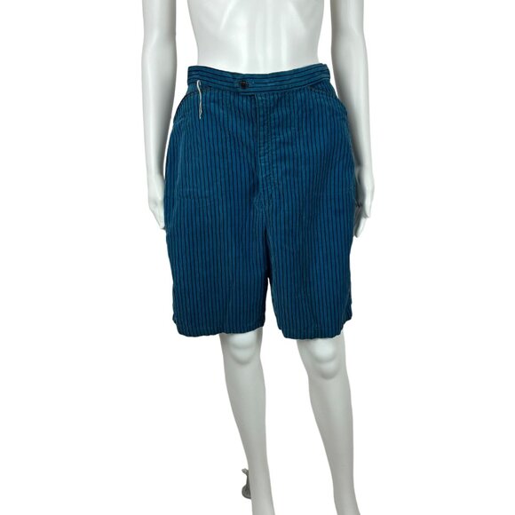 Vintage 50s Corduroy Shorts Women's Medium Blue Black Striped High Waisted Rocka